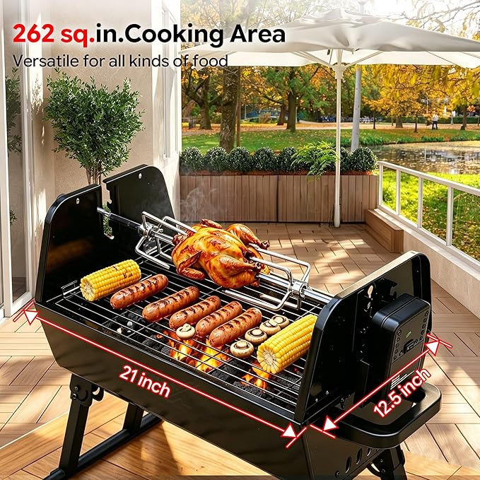 Flintex 2 in 1 Portable Porcelain Enameled Charcoal Grill with Rotisserie, Motorized Electric Spit, Foldable BBQ Grill, 262 sq.in, Height Adjustable for Camping Tailgating