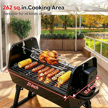 Flintex 2 in 1 Portable Porcelain Enameled Charcoal Grill with Rotisserie, Motorized Electric Spit, Foldable BBQ Grill, 262 sq.in, Height Adjustable for Camping Tailgating