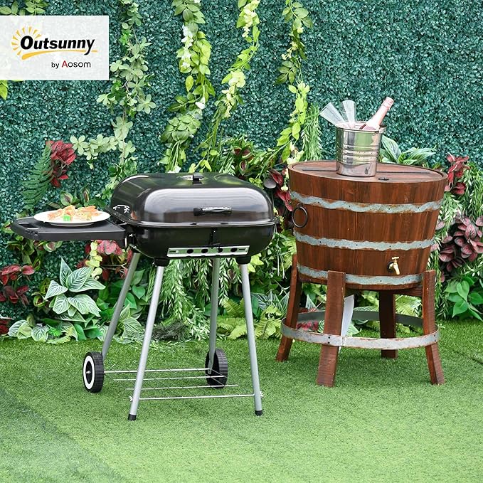 Outsunny Portable Charcoal Grill with Foldable Side Shelf and Bottom Shelf, BBQ Smoker with Wheels and Adjustable Vents on Lid for Picnic Camping Backyard Cooking, Black