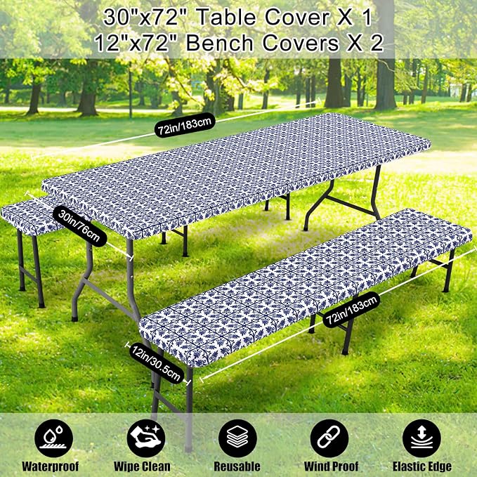 Smiry Picnic Table Cover with Bench Covers, Waterproof Elastic Fitted Tablecloth for 6 Foot Tables, Washable Polyester Tablecloths for Camping, Indoor & Outdoor (Indigo & White, 30x72 Inch 3-pc Set)