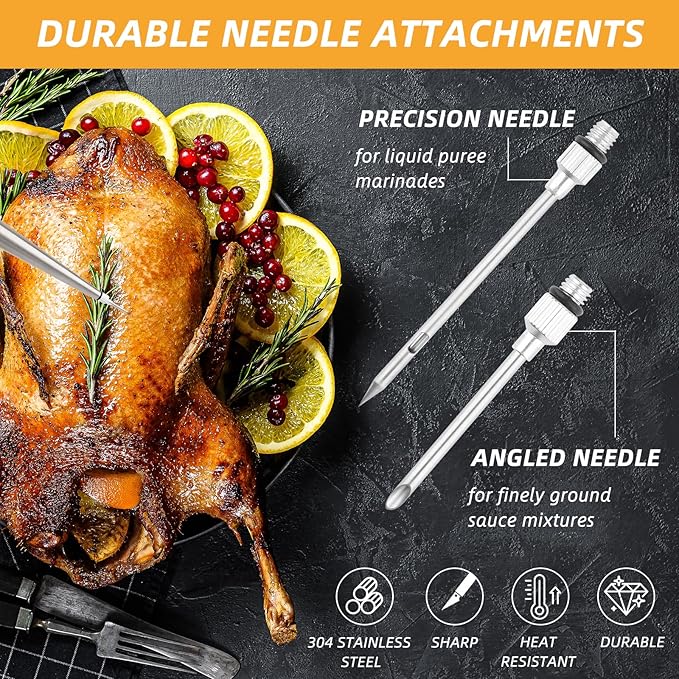 304 Stainless Steel Large Turkey Baster for Cooking,Food Grade Baster Syringe and Silicone Suction Bulb,with 2 Detachable Needles1 Cleaning Brush,for Kitchen,BBQ,Grill Baking,Meat Injection (Black)