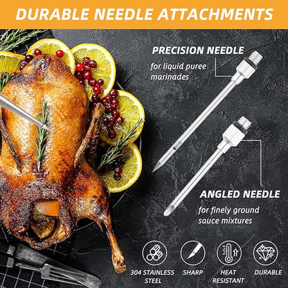 304 Stainless Steel Large Turkey Baster for Cooking,Food Grade Baster Syringe and Silicone Suction Bulb,with 2 Detachable Needles1 Cleaning Brush,for Kitchen,BBQ,Grill Baking,Meat Injection (Black)