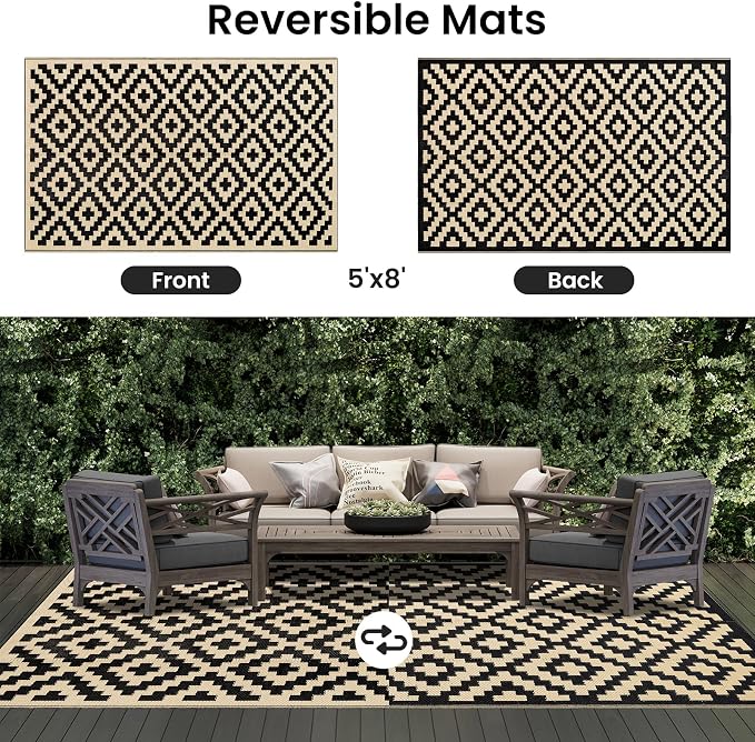Smiry Outdoor Rug 5x8 ft Waterproof Reversible Boho Mat, Black & Beige | Polypropylene Plastic Straw, Quick Drying, Lightweight Foldable, for Patio, Deck, RV Camping, Backyard and Indoor Outdoor Use