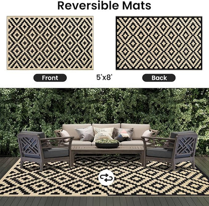 Smiry Outdoor Rug 5x8 ft Waterproof Reversible Boho Mat, Black & Beige | Polypropylene Plastic Straw, Quick Drying, Lightweight Foldable, for Patio, Deck, RV Camping, Backyard and Indoor Outdoor Use