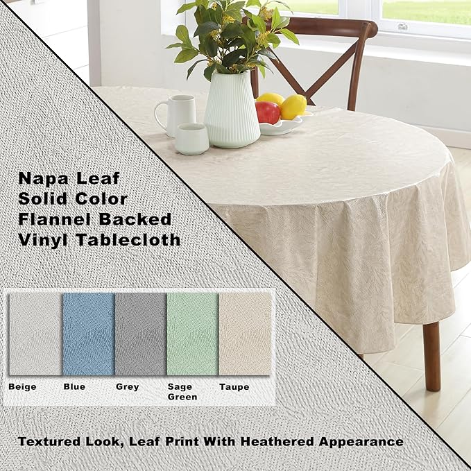 Newbridge Napa Leaf Taupe Vinyl Flannel Backed Tablecloth, 60 x 84 Inch Oval, Hotel Quality Waterproof Indoor Outdoor Table Cover for Kitchen, Patio, Dining, BBQ