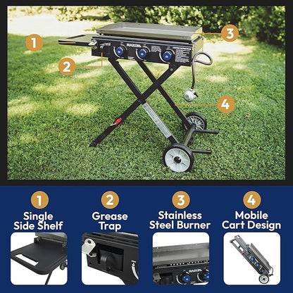 Razor Griddle Gas Griddle and Portable Propane Grill for Backyard BBQ, with Cart, Shelf