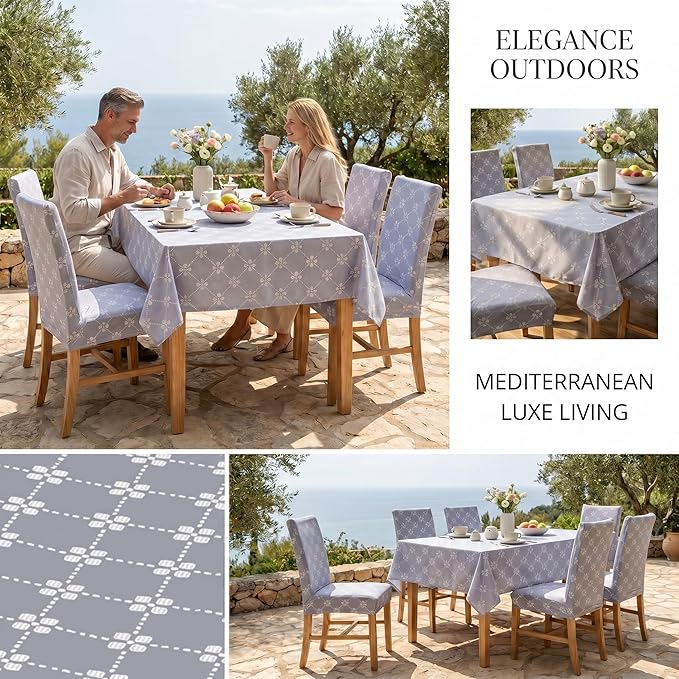 7 Pcs Gray Floral Tablecloth and Chair Covers Set Waterproof Vintage Farmhouse Rectangular Table Cover with Stretch Chair Slipcovers for Dining Room Patio Parties