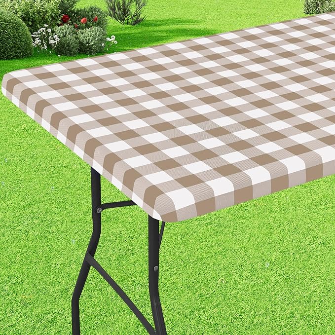 Buffalo Rectangle Picnic Tablecloth, 4 Foot Elastic Fitted Vinyl Table Cloth with Flannel Backing, Waterproof Plaid Table Covers for Dining, Camping, Outdoor (Khaki and White, 24" x 48")