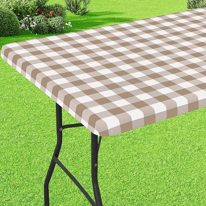 Buffalo Rectangle Picnic Tablecloth, 4 Foot Elastic Fitted Vinyl Table Cloth with Flannel Backing, Waterproof Plaid Table Covers for Dining, Camping, Outdoor (Khaki and White, 24" x 48")