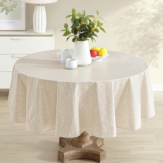 Newbridge Napa Leaf Taupe Vinyl Flannel Backed Tablecloth, 70 Inch Round, Hotel Quality Waterproof Indoor Outdoor Table Cover for Kitchen, Patio, Dining, BBQ