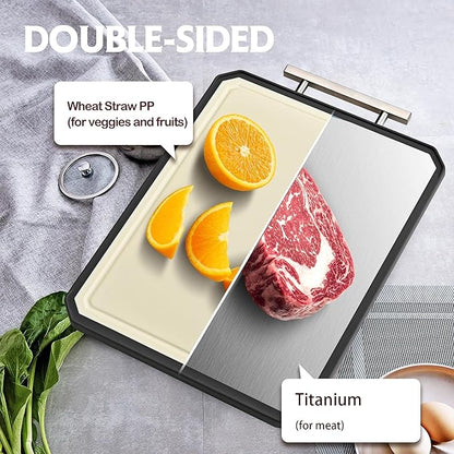 TYSAN Titanium Cutting Board for Kitchen – 2 in 1 Metal Cutting Board for Chopping Meat/Vegetables – Double Sided Pure Titanium & Wheat Straw PP Chopping Board – Food Grade – Large Size 16”×11”
