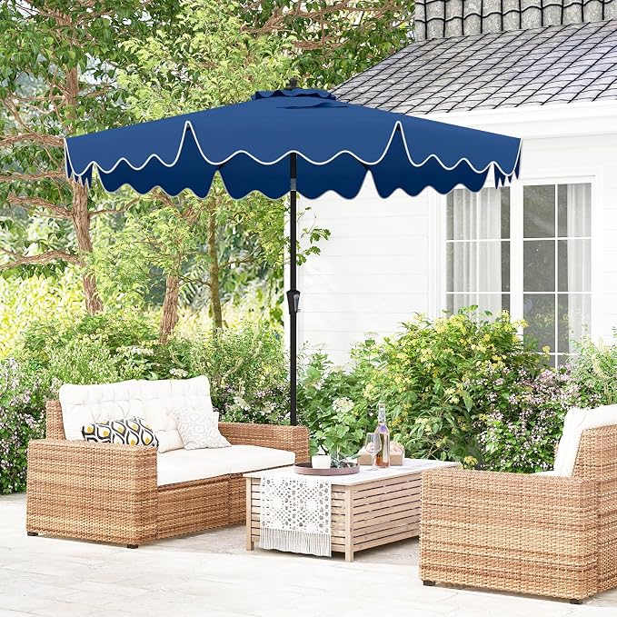 Tangkula 9Ft Patio Umbrella with Crank, 2-Tier Outdoor Umbrella with Push Button Tilt, Sun-Protective Canopy, 8 Ribs, Scalloped Patio Umbrella for Outdoor Beach Deck Pool Table (Blue)