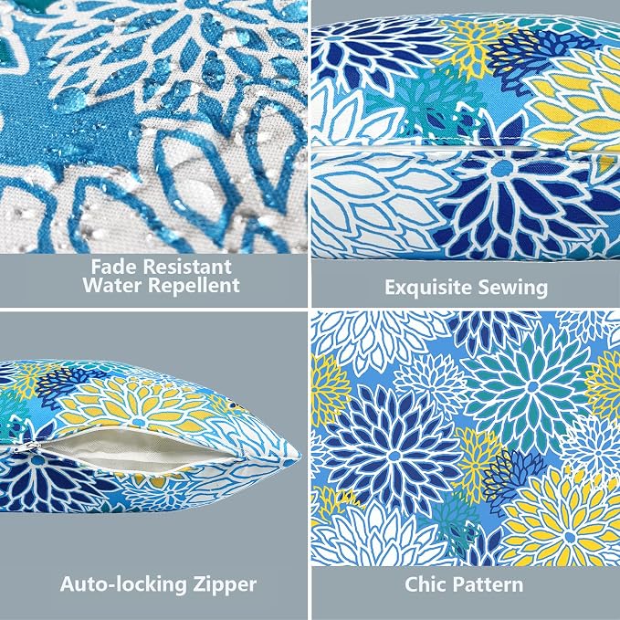LVTXIII 2 Pack Outdoor Throw Pillow Covers for Patio Furniture, 16x16 Inch Square Pillow Case, Water-Repellent Cushion Covers for Garden, Porch, Sofa, Dahlia Blue