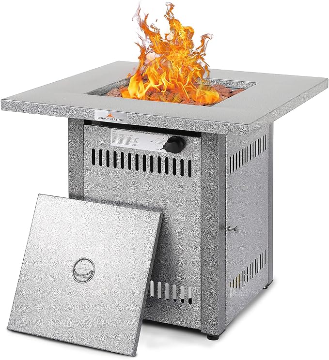Fire Pit Table, Gas Firepit Square Steel Fire Pit Outdoor Fireplace for Patio with Pulse Ignition System, Small Fire Pit for Deck and Garden, 50000BTU, Silver Grey