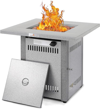 Fire Pit Table, Gas Firepit Square Steel Fire Pit Outdoor Fireplace for Patio with Pulse Ignition System, Small Fire Pit for Deck and Garden, 50000BTU, Silver Grey