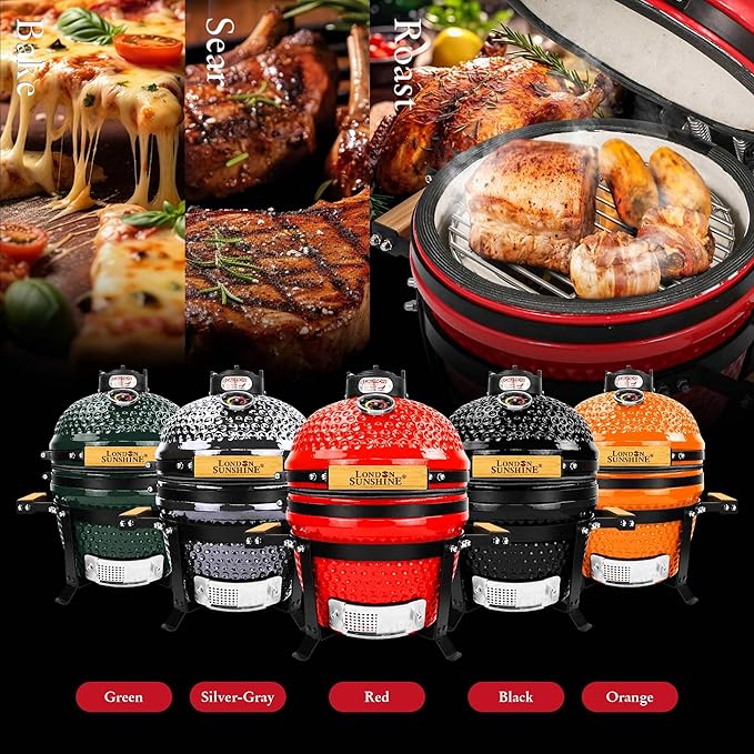 London Sunshine Ceramic BBQ Charcoal Kamado Grill 13 inch Portable Tabletop BBQ Grill Red