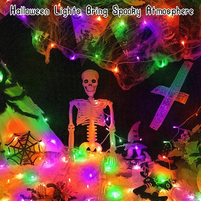 Halloween Lights Battery Operated Indoor Outdoor with Timer Waterproof Total 100LED 33ft for Halloween Decorations 16.4Ft*2, 50LED*2 for Halloween Decor, Orange&Purple&Green
