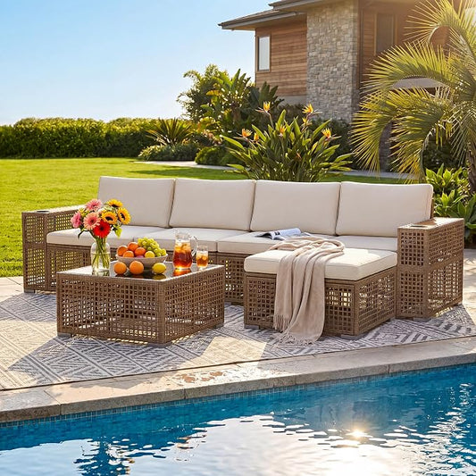 Devoko Patio Furniture Set,6 Pieces Outdoor Sectional Sofa with Cup Holder and 7.87in Wider Armrest, PE Wicker Backyard Couch Set with Coffee Table&Glass Tabletop for Deck, Porch（6 pcs）