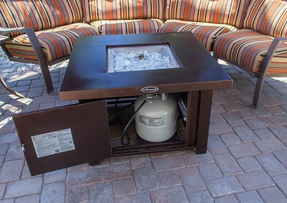 Hiland 38'' Square Propane Fire Pit Table w/Lid, Fireglass Included, Regulator and Hose, 40,000 BTU, Decorative Crossbars, Bronze