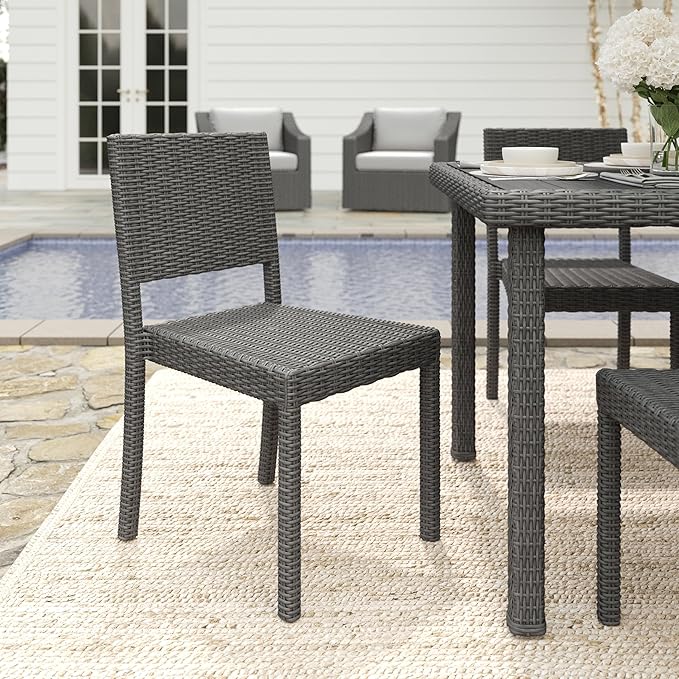 Martha Stewart Bedford Indoor-Outdoor Stackable Patio Chairs with Rattan Wicker Finish in Gray, Set of 2