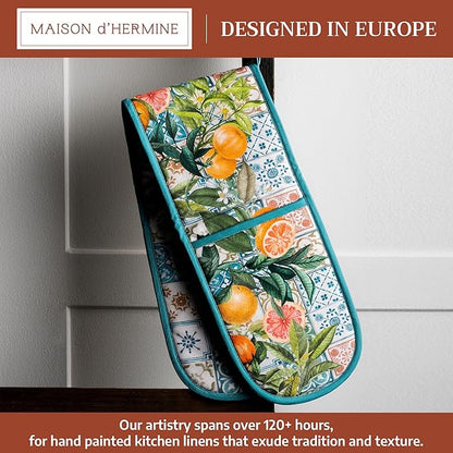 Maison d' Hermine Double Oven Mitts 100% Cotton 7"x35" Double Oven Mitt Heat Resistant BBQ Cooking Gloves with Loop Baking Grilling Kitchen Hotel Home Farmhouse Spring Summer (Agrume)