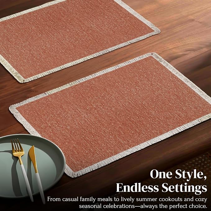 Hausattire Cotton Frayed Placemats Set of 4 Dining Table 13x19 Inch | Rustic Harvest Boho Washable Easter Placemat for Outdoor Parties BBQ's Wedding, Special Occasions, Nubby Cotton - Rust