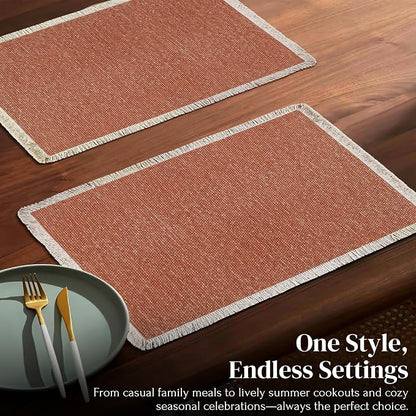 Hausattire Cotton Frayed Placemats Set of 4 Dining Table 13x19 Inch | Rustic Harvest Boho Washable Easter Placemat for Outdoor Parties BBQ's Wedding, Special Occasions, Nubby Cotton - Rust
