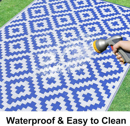 Smiry Outdoor Rug 5x8 ft Waterproof Reversible Boho Mat, White & Blue | Polypropylene Plastic Straw, Quick Drying, Lightweight Foldable, for Patio, Deck, RV Camping, Backyard and Indoor Outdoor Use