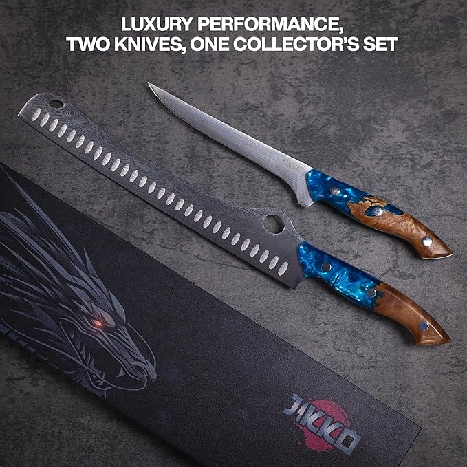 Jikko® SteelFang Edition – Japanese Brisket & Fillet Knife Set with Olive Wood & Blue Epoxy Resin Handles | Premium Butcher & Carving Knives for Meat, BBQ & Fish – Ultra Sharp Stainless Steel Blades