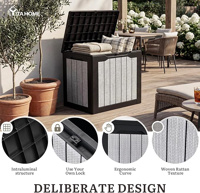 YITAHOME 30 Gallon Deck Box, Waterproof Resin Outdoor Storage Box, Doubles as Bench Seating for Patio Furniture Cushions,Garden Tools & Pool Accessories, Black & Gray