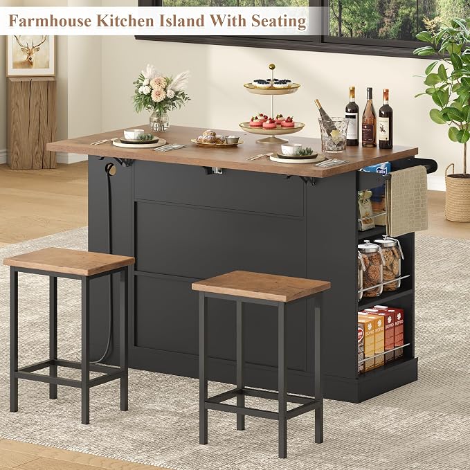 Kitchen Storage Island with 2 Stools, 51” Mobile Kitchen Cart with Drop Leaf & Power Outlet, Rolling Island Table Dining Room Buffet with 2 Drawers & Side Storage Rack &Towel Rack, Black