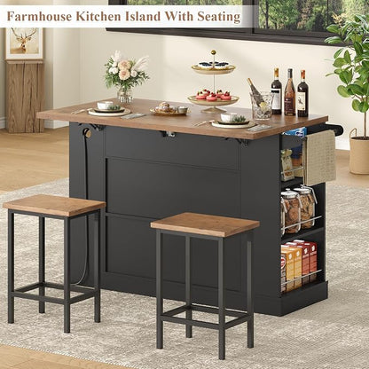 Kitchen Storage Island with 2 Stools, 51” Mobile Kitchen Cart with Drop Leaf & Power Outlet, Rolling Island Table Dining Room Buffet with 2 Drawers & Side Storage Rack &Towel Rack, Black