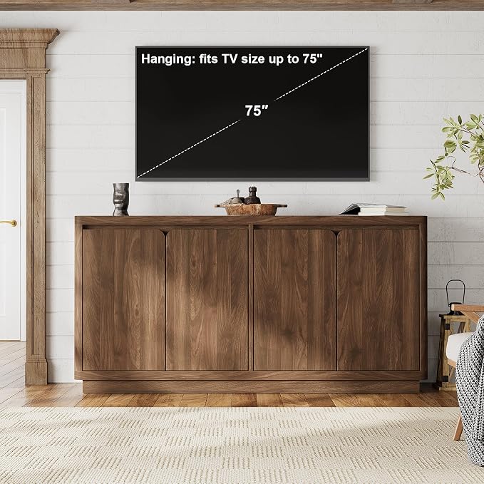 knoworld 63" Buffet Cabinet with Storage & Power Outlet, Wood Sideboard Credenza with Double-Arc Doors, Modern Coffee Bar Console Table for Kitchen Dining Room, Walnut