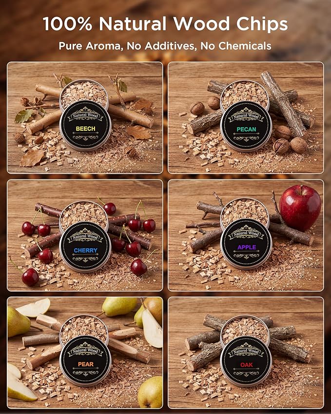 Whiskey Smoker Wood Chips Refill - 6 Flavor Variety Pack for Cocktail Smoker Kit - Natural Smoking Chips for Old Fashioned & Bourbon Drinks, Oak, Apple, Cherry, Hickory, Pear, Beech