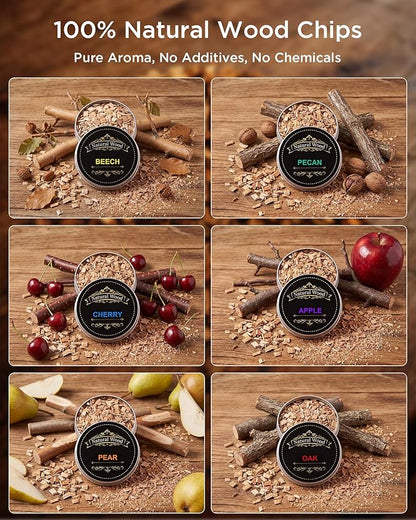 Whiskey Smoker Wood Chips Refill - 6 Flavor Variety Pack for Cocktail Smoker Kit - Natural Smoking Chips for Old Fashioned & Bourbon Drinks, Oak, Apple, Cherry, Hickory, Pear, Beech