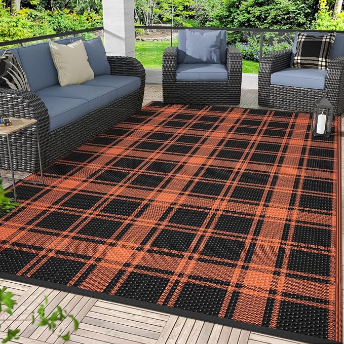 GENIMO Outdoor Rug, Waterproof Plastic Rugs for Patio, 6'x9' Dark Orange | Outside Larger Modern Carpet Mat for Porch Decor, Deck, Balcony, Camping, RV, Backyard, Picnic, Beach, Reversible, Foldable