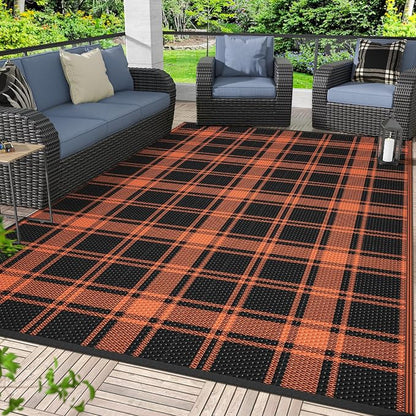 GENIMO Outdoor Rug, Waterproof Plastic Rugs for Patio, 6'x9' Dark Orange | Outside Larger Modern Carpet Mat for Porch Decor, Deck, Balcony, Camping, RV, Backyard, Picnic, Beach, Reversible, Foldable