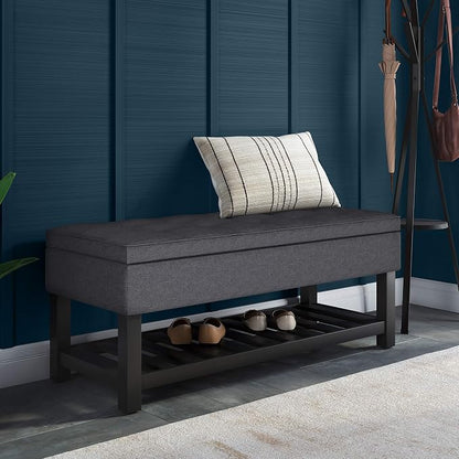 SIMPLIHOME Cosmopolitan Storage Ottoman Bench - 44 inch Wide Upholstered Linen Look Fabric Rectangle Storage Ottoman in Slate Grey, Transitional Bench for Bedroom with Tufted Lift-Top and Open Shelf