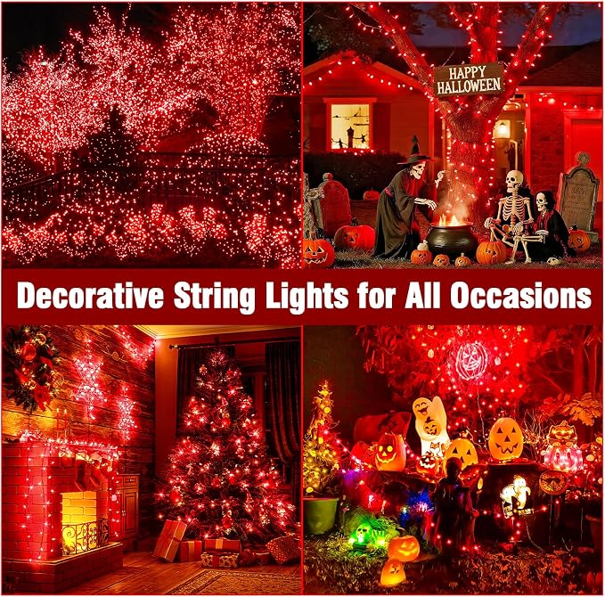 Nisocy Red String Lights with Green Wire, Waterproof Christmas Tree Fairy Lights with 8 Modes, Indoor Outdoor Decorative Lighting for Holiday, Party, Garden, Patio(66FT)