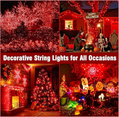 Nisocy Red String Lights with Green Wire, Waterproof Christmas Tree Fairy Lights with 8 Modes, Indoor Outdoor Decorative Lighting for Holiday, Party, Garden, Patio(66FT)