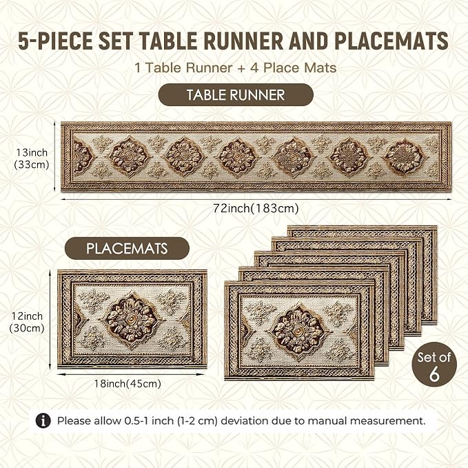 Nuxovilar Square placemats Set of 7 Table Runner and placemats Pink Floral&Vintage Pattern Linen-Cotton Tablerunner(72X13inch)&6 Placemats(11.8X17.7) Table Setting Supplies Cafe,Family Dinner