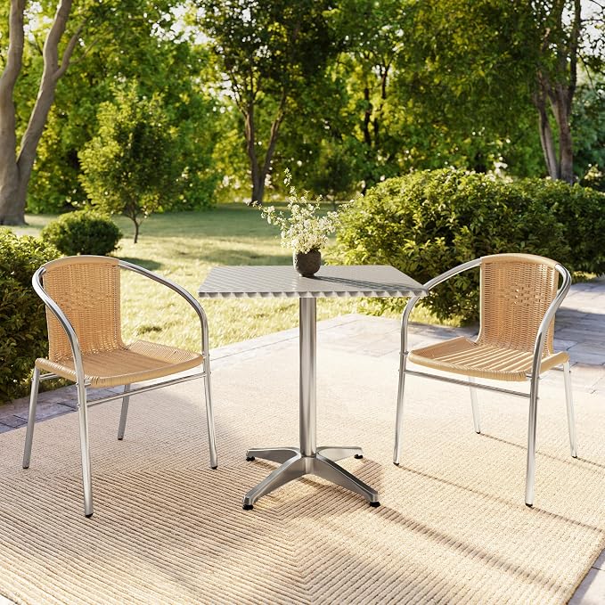 Flash Furniture 27.5'' Square Aluminum Indoor-Outdoor Table Set with 2 Beige Rattan Chairs | Indoor/Outdoor Use, Beige Rattan Chairs