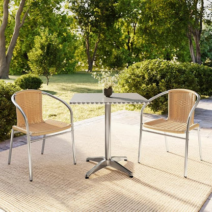 Flash Furniture 27.5'' Square Aluminum Indoor-Outdoor Table Set with 2 Beige Rattan Chairs | Indoor/Outdoor Use, Beige Rattan Chairs