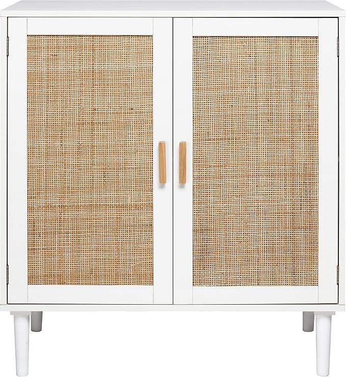 Finnhomy Sideboard Buffet Cabinet, Kitchen Storage Console with Rattan Decorated Doors, Liquor Buffet, Dining Room, Hallway, Cupboard Console Table, Accent Cabinet, 31.5X 15.8X 34.6 Inches, White