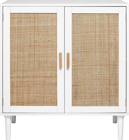 Finnhomy Sideboard Buffet Cabinet, Kitchen Storage Console with Rattan Decorated Doors, Liquor Buffet, Dining Room, Hallway, Cupboard Console Table, Accent Cabinet, 31.5X 15.8X 34.6 Inches, White