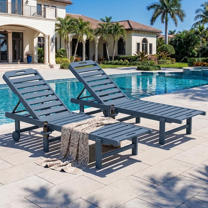 SERWALL HDPE Outdoor Chaise Lounge Set of 2 with Cup Holder & Wheels, Blue | Weather-resistant chaise lounge resists fading, with 5-level adjustable back, cup holder and wheels.