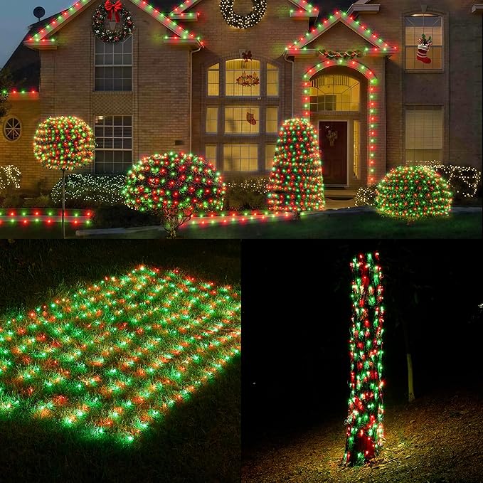 WBao Christmas Net Lights, 360LED 11.5ft x 6.9ft Christmas Lights with 8 Modes, Timer, End to End Connectable, Waterproof Design for Lawn, Bushes, Trees Outdoor Xmas Decorations, Red Green