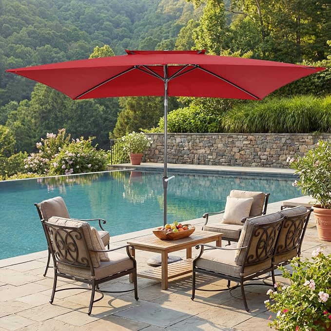 6.6 x 10 ft Rectangular Patio Umbrella, Outdoor Market Table Umbrella with Push Button Tilt and Crank, Double-Tier Vent, 6 Ribs, Rectangle Patio Umbrella for Backyard, Deck, Pool, Fits 4–6 Chairs and Tables (Wine Red)