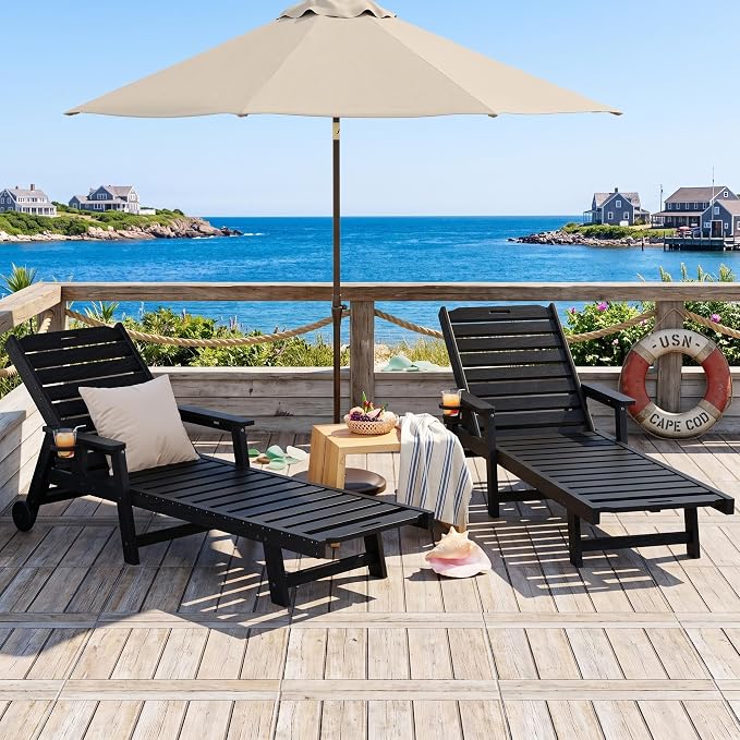 Garvee Lounge Chair Outdoor Set of 2 with Wheels & 5-Position Adjustable Backrest, Oversized Chaise Lounge with 2 Move Handle, HDPE Lounge Chair w/Detachable Cup Holder, for Patio, Pool,Black