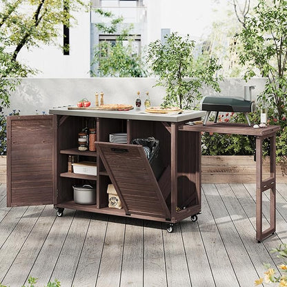 78.3" Outdoor Kitchen Island with Foldable Grill Table, Wooden Outdoor Grill Cart with Trash Can Storage & Stainless Steel Top, Outdoor Bar Cart, Pizza Oven Table for Lawn & Garden (Dark Brown@76)